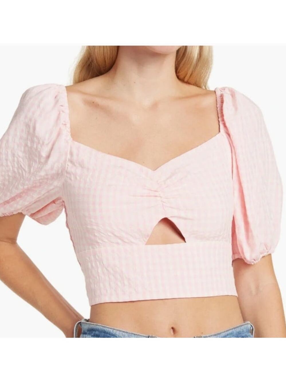 Womens Nordstrom Elodie Pink Gingham Puff Sleeve Cutout Top Size Medium